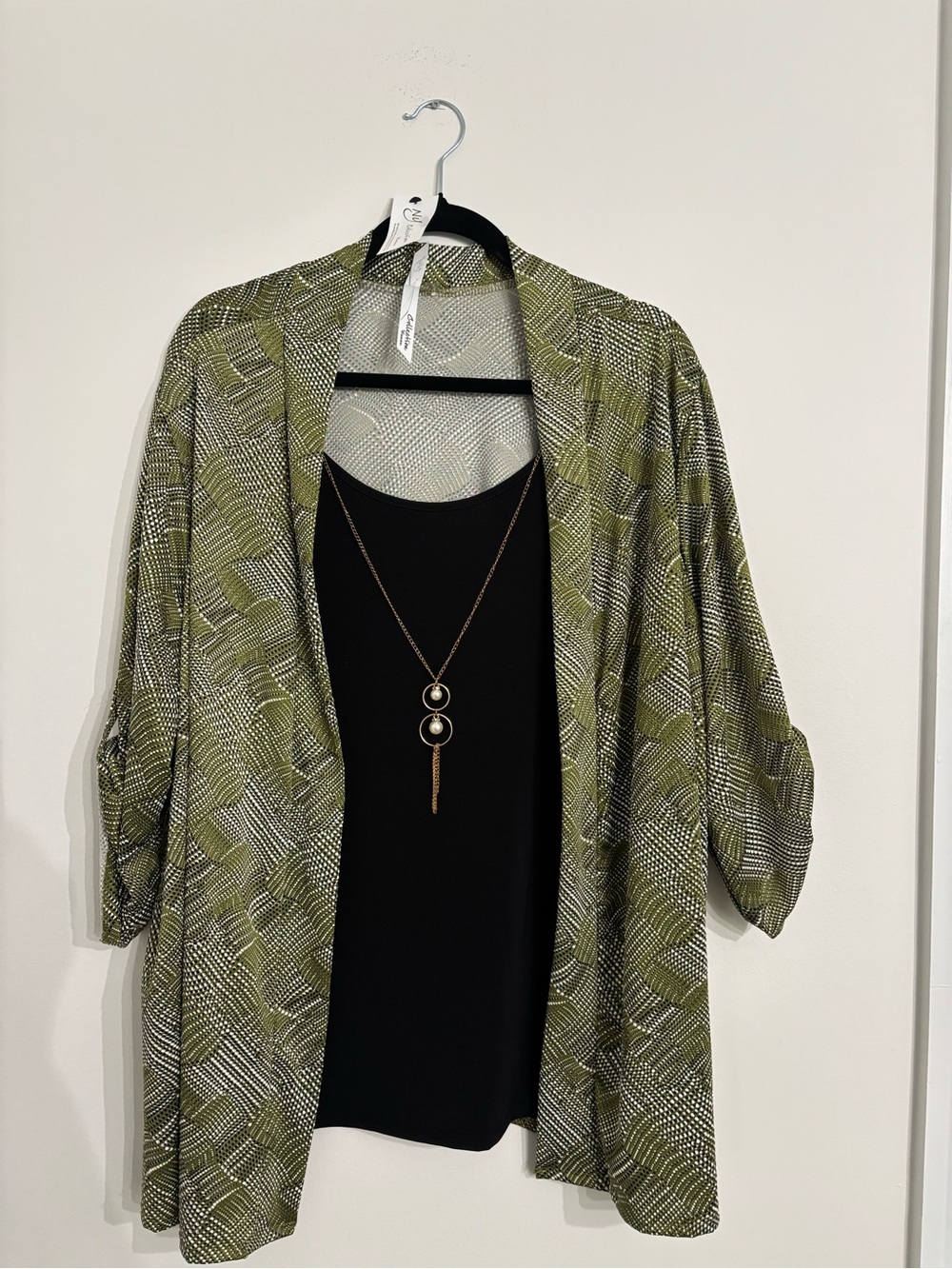 NY Collection Olive Green and White Printed Open Cardigan
